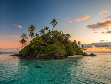 Tropical island with palm trees at sunset, Seychellesの素材