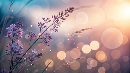 Beautiful summer landscape with grass and flowers. Bokeh effectの素材