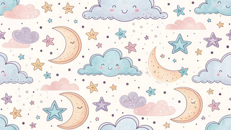 Cute hand drawn seamless pattern with clouds, stars and moon.の素材