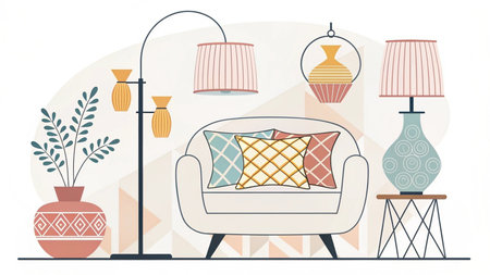 Living room interior with sofa, lamp and potted plants. Vector illustration.の素材