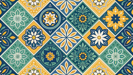 Talavera pattern.  Indian patchwork. Azulejos portugal. Turkish ornament. Moroccan tile mosaic. Ceramic tableware, folk print. Spanish pottery. Ethnic background. Mediterranean seamless  wallpaper.の素材