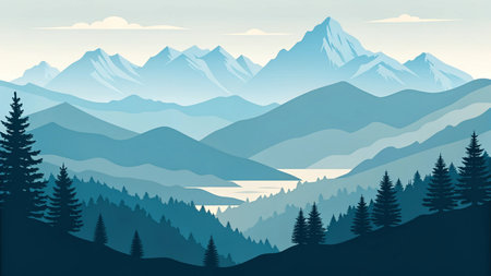 Mountain landscape with lake and coniferous forest. Vector illustration.の素材