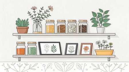 Vector illustration of a shelf with plants and spices in glass jars.の素材