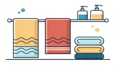 Vector illustration of towels and soap dispenser on shelf. Bathroom interior design.の素材
