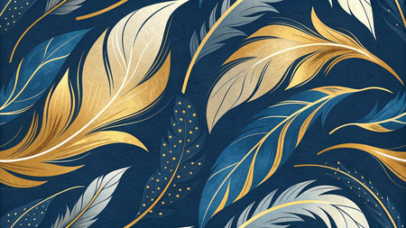 Seamless pattern with gold and blue feathers. Vector illustration.の素材
