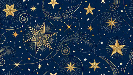 Christmas seamless pattern with golden stars on dark blue background. Vector illustration.の素材