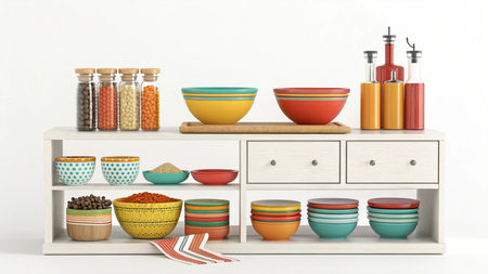 Wooden shelves with bowls and kitchen utensils on white backgroundの素材