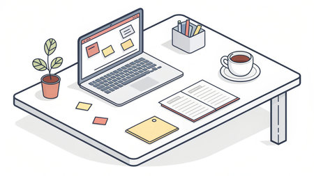 Flat isometric vector illustration of workplace with laptop, coffee cup and stationery.の素材