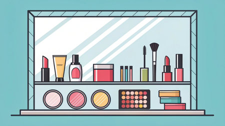 Vector illustration of a make up room with mirror and cosmetic products.の素材