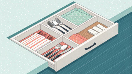 Top view of kitchen cabinet with cutlery. Vector illustration.の素材