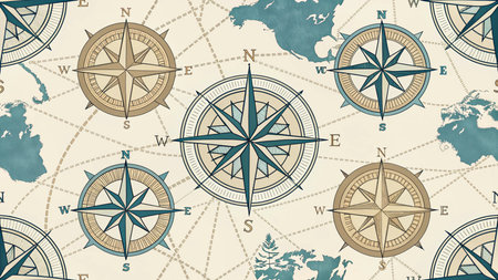 Seamless pattern with wind rose on vintage map background. Vector illustration.の素材
