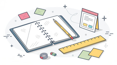 Notebook with pencil, ruler and other office supplies. Vector illustration.の素材
