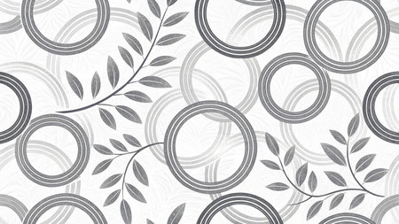 Grunge background with leaves and circles in gray and white colorsの素材