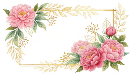 Watercolor floral frame with peony flowers, leaves and branches. Perfect for invitations, greeting cards, blogs and more.の素材