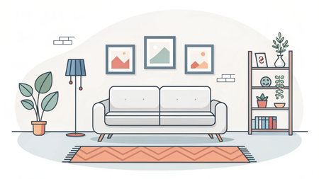 Living room interior vector illustration. Living room with sofa and bookshelf.の素材