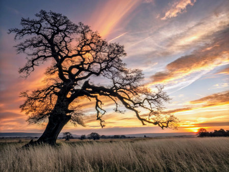 Sunset over an old oak tree in the Okavango Delta, Botswanaの素材