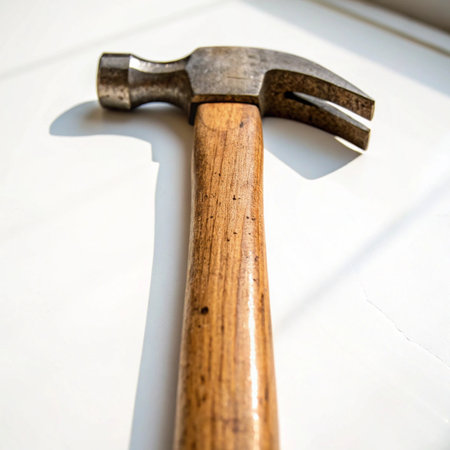 Hammer with wooden handle on white background. Close-up.の素材