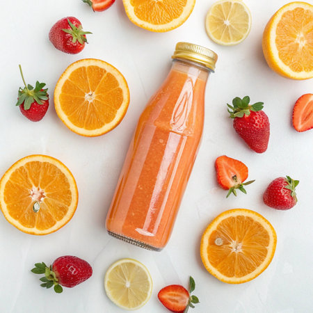 Bottle of fresh orange juice with fruits on white background, top viewの素材