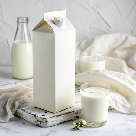 Milk in a glass and a bottle on a white background.の素材