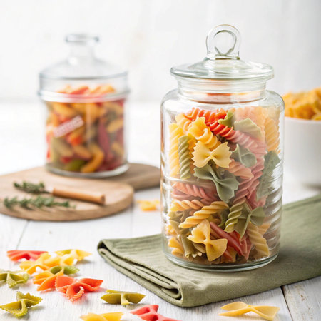 Colorful pasta in glass jar on white wooden background. Selective focus.の素材