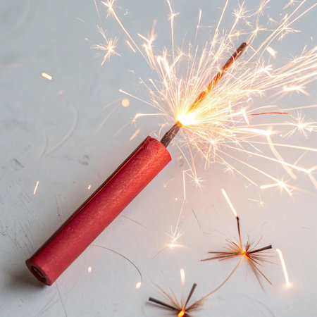 Burning sparkler with sparks on white background, close-upの素材