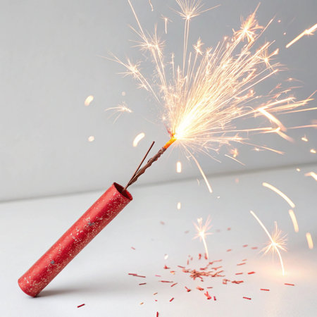 Burning Bengal Firecracker with sparks on a white background.の素材