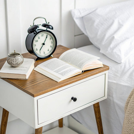 Bedside table with alarm clock, books and coffee cup in morning lightの素材