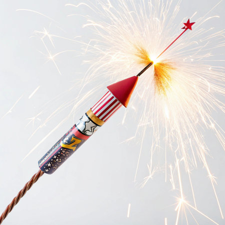 Carnival firework rocket with a red star on a white backgroundの素材
