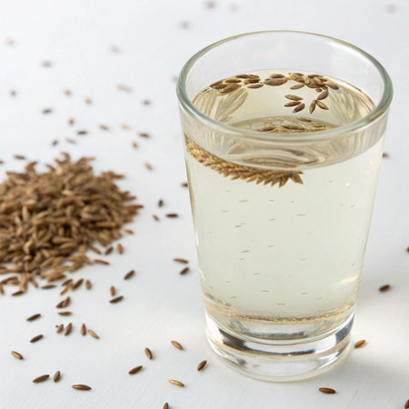 Glass of water with cumin seeds and cumin seeds on white backgroundの素材