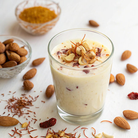 Milkshake with nuts and raisins on a white backgroundの素材