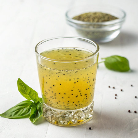 Fresh basil smoothie in glass on white background. Selective focus.の素材