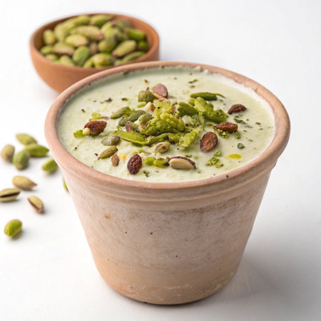 Pistachio cream soup in a ceramic bowl on white backgroundの素材