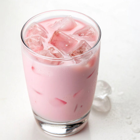 strawberry milkshake with ice cubes on a white backgroundの素材