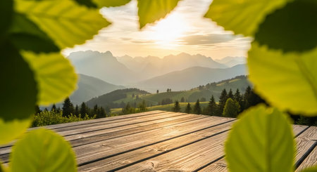 Wooden deck on the background of the mountains and the sun.の素材