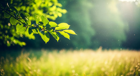 Green leaves on a meadow with sunlight and bokeh backgroundの素材