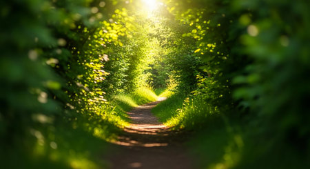 Beautiful green summer forest. Sunlight through the trees. Natural backgroundの素材