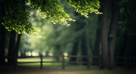 Blurred background of green trees and wooden fence in the park.の素材