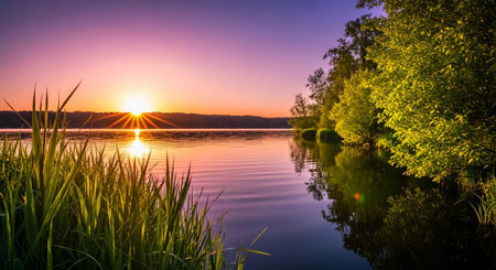 Beautiful sunset over the river in summer. Landscape with river and treesの素材