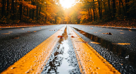 Wet asphalt road in autumn forest with falling leaves and sun raysの素材