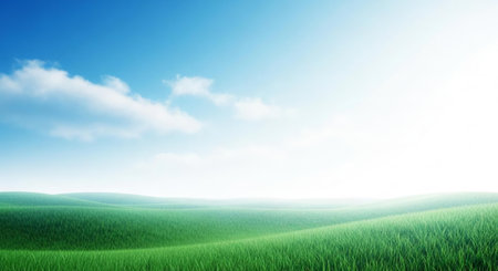 Green meadow and blue sky with white clouds. Vector illustration.の素材