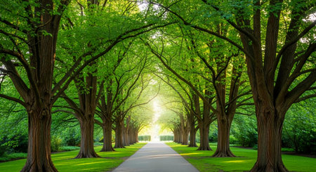 Green alley in the park with sun rays and trees, spring timeの素材