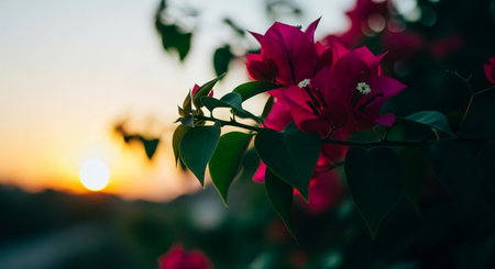 Bougainvillea flower in the garden with sunset background.の素材