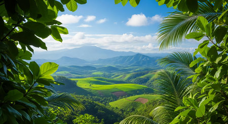 Beautiful landscape of green hills and blue sky in the morning.の素材