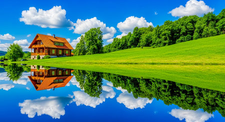 Beautiful summer landscape with house on green meadow and reflection in waterの素材