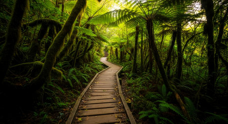 Wooden walkway in the rainforest of Hawaii, USA.の素材