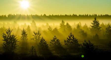 Foggy morning in the coniferous forest. Early morning.の素材