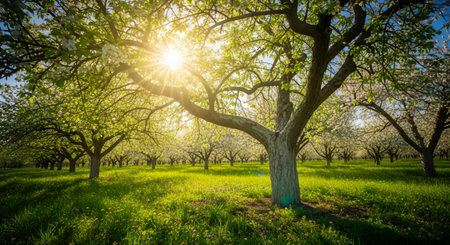 Beautiful blooming apple orchard in springtime with sun raysの素材