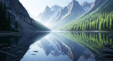 Mountains reflected in a calm mountain lake. 3d rendering.の素材