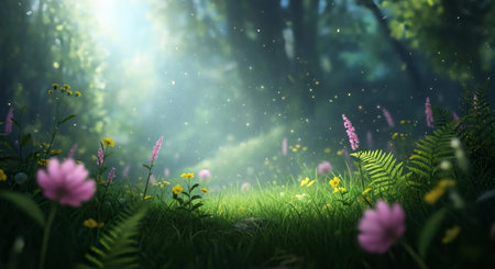 Fantasy forest with grass, flowers and sunlight. 3d renderの素材