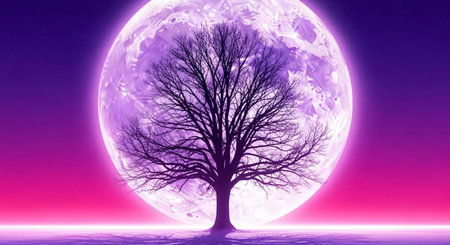 Silhouette of tree and full moon on purple background. Halloween concept.の素材